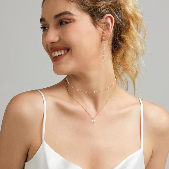 Gold Silver Plated Pearl Jewelry Set for Women Necklace Earrings Bracelets - Picture 6 of 7